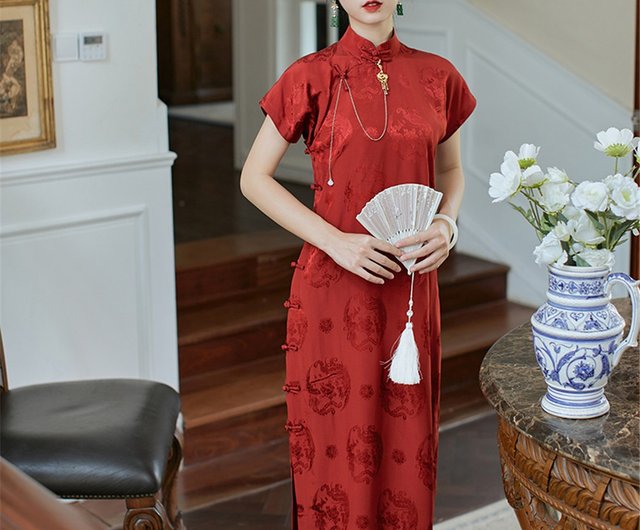 ザクロ 赤鳳凰 鳳凰 全開 サテン 結婚式 結婚式 チャイナドレス