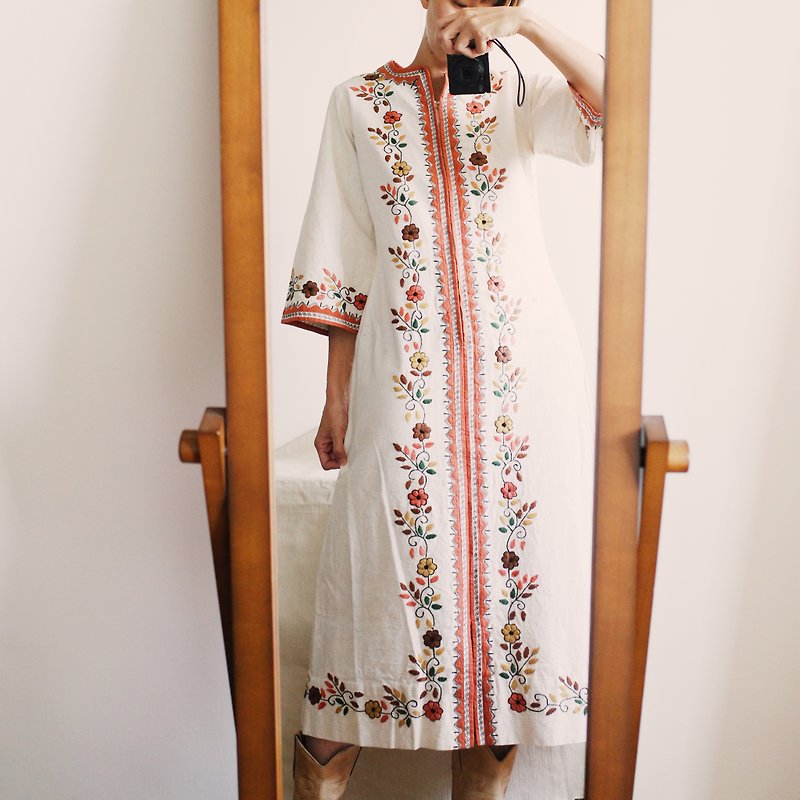 Vintage 60s 墨西哥手工刺繡長袍洋裝 - 連身裙 - 棉．麻 