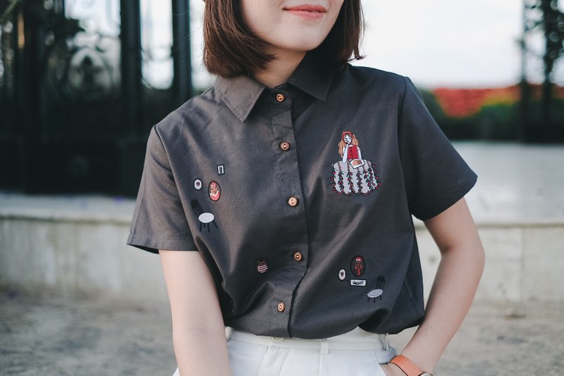 Goldilocks 金髮公主 炭灰色牛津棉質刺繡襯衫 S/M - 女襯衫 - 棉．麻 灰色