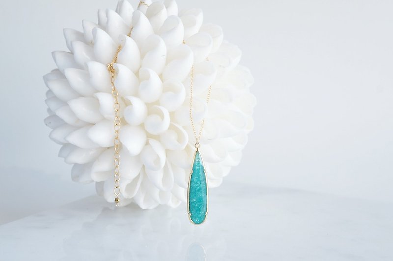 [14KGF] Necklace, 16KGP Long Teardrop Glass-Emerald- - Necklaces - Glass Green