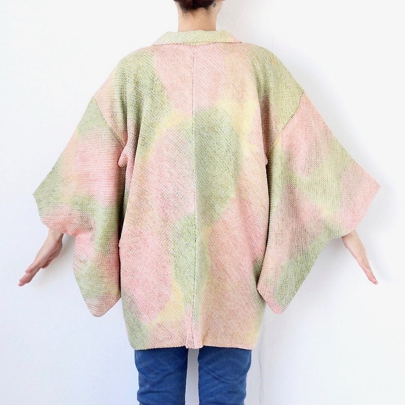 Shibori kimono jacket, haori, Japanese kimono, floral kimono /3930 - เสื้อแจ็คเก็ต - ผ้าไหม สีเขียว