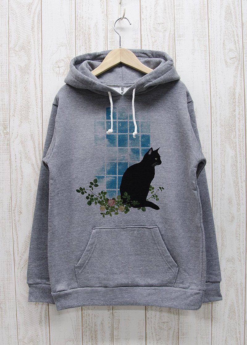 Standing Black Cat Hoodie Window NOON Heather Gray / R029-P-GR - Unisex Hoodies & T-Shirts - Cotton & Hemp Gray
