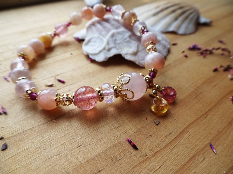 粉晶 草莓晶 櫻花瑪瑙 紫牙烏 碧璽 水晶手環 - 手鍊/手鐲 - 水晶 粉紅色
