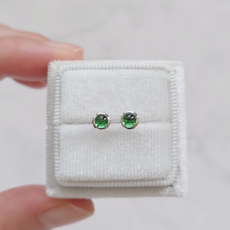 Natural Petite Tsavorite Cabochon Bezel Set 14K White Gold Stud Earrings - Earrings & Clip-ons - Gemstone Green