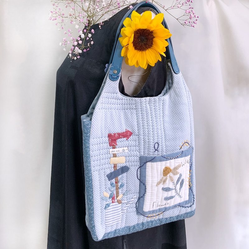 Sky Blue Embroidered Daisy Leather Handle Tote Shoulder Bag - Handbags & Totes - Cotton & Hemp Blue