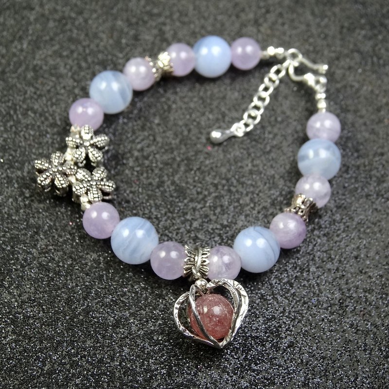 手鍊 藍紋瑪瑙 紫水晶 草莓水晶 手珠 925銀 立體愛心 寶石 飾品 - 手鍊/手鐲 - 寶石 