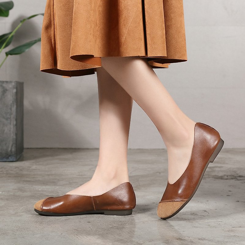 Matte leather stitching low heel women's shoes lazy shoes - รองเท้าบัลเลต์ - หนังแท้ สีเหลือง