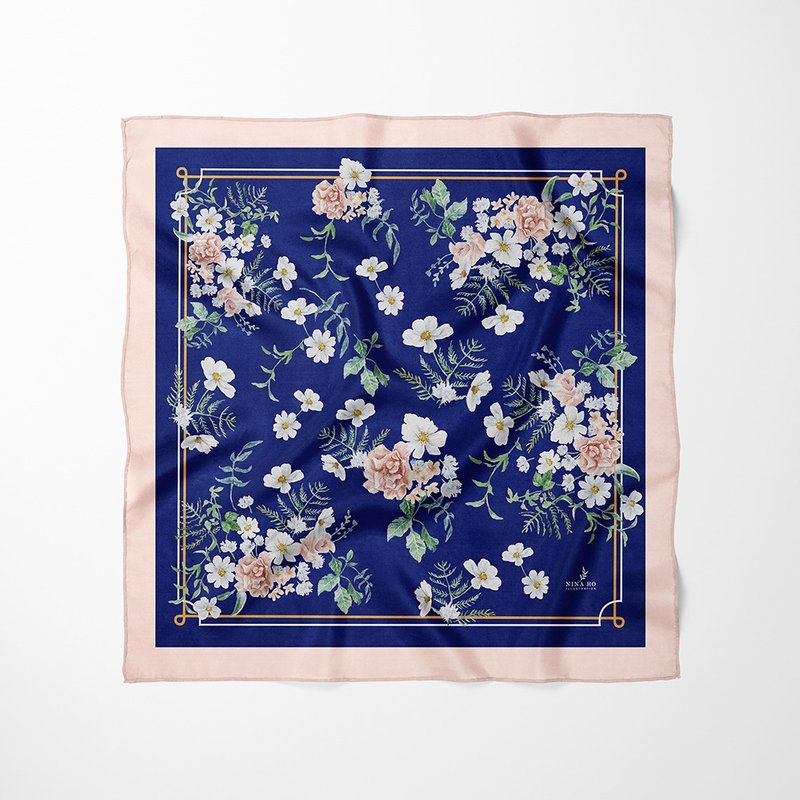 White Wildflower Reversible Silk Scarf - ผ้าพันคอ - ผ้าไหม สีน้ำเงิน