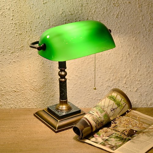 DREAM LIGHTS LIGHTING 經典款 全銅大理石座 綠色直桿 銀行桌燈