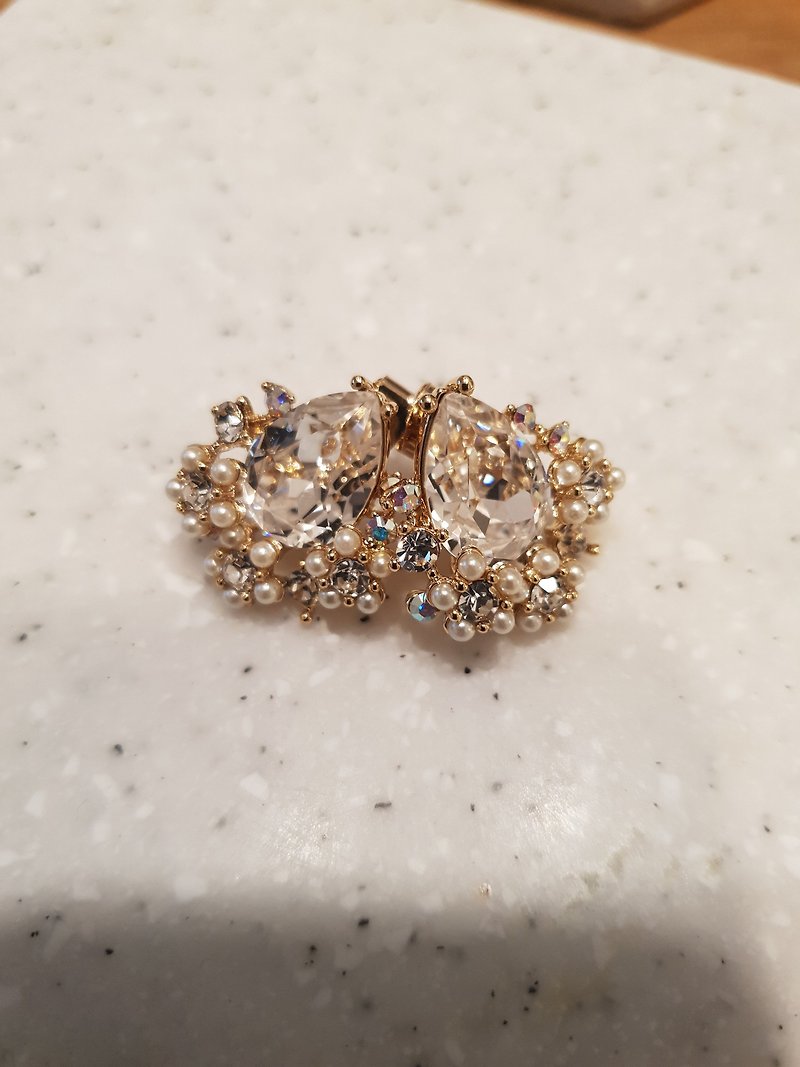 high-polish floral  gold crystal teardrop earring , bridal earring - 耳環/耳夾 - 銀 