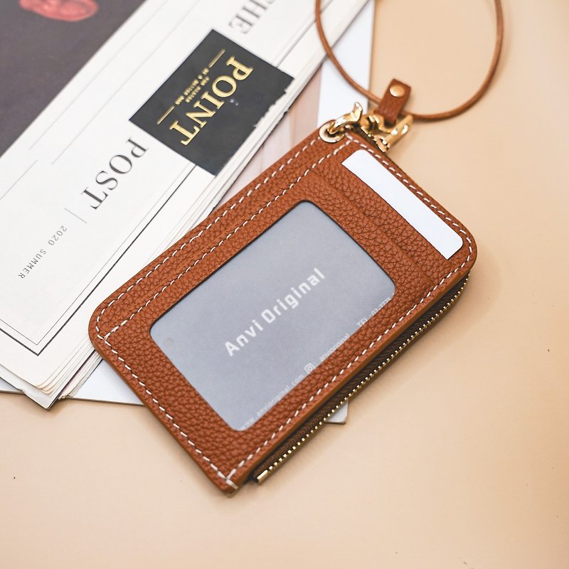 L-shaped identification card coin purse-orange, brown , Brown and green, with neck strap, can be customized with hot stamping/embossing - ID & Badge Holders - Genuine Leather 