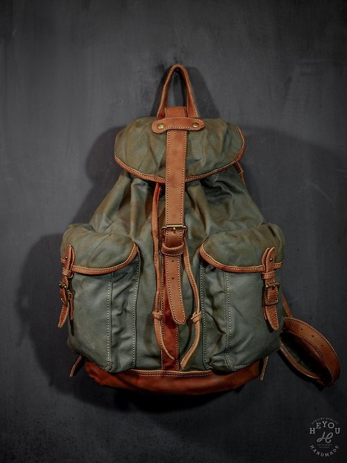 HEYOU Art&Craft Department Distressed Canvas Leather Backpack 復古後背包- 橄欖橘