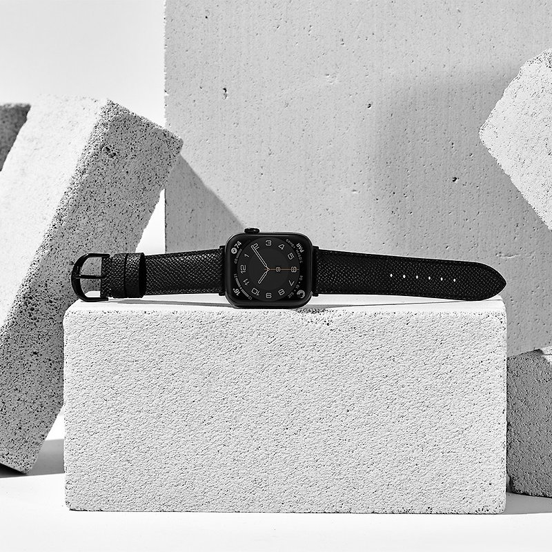 Made in Taiwan Apple Watch Small Check Leather Strap Classic Black - สายนาฬิกา - หนังแท้ สีดำ