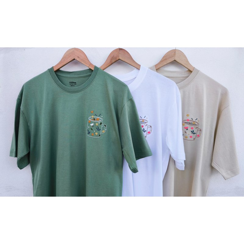 T-shirt | Embroidery | Coffee Cup Design - 女 T 恤 - 棉．麻 多色