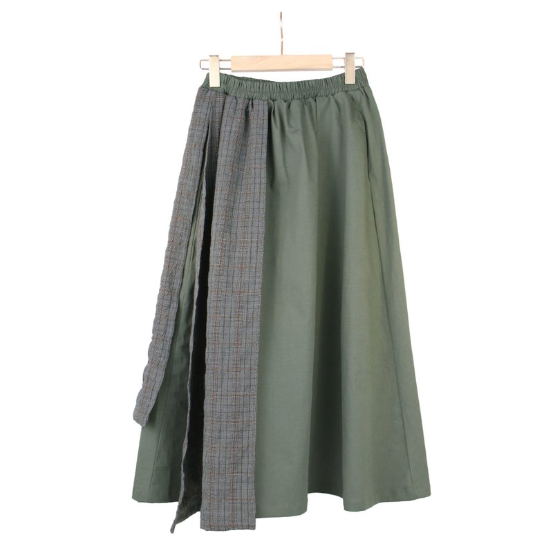 綠/灰格 - 前後片拼接長裙 #U6039 - 裙子/長裙 - 棉．麻 綠色