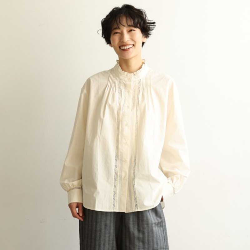 純棉蕾絲邊貝茹襯衫 透氣舒適 休閒百搭  米色 240309-1 - 女上衣/長袖上衣 - 棉．麻 