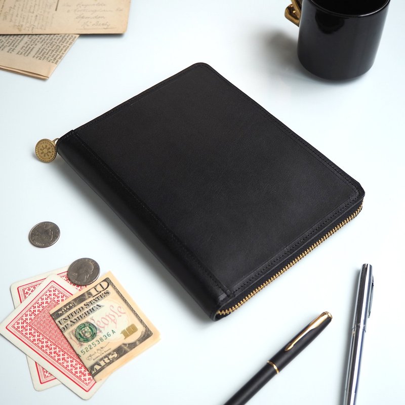 B6 size round zipper notebook cover / black - สมุดบันทึก/สมุดปฏิทิน - หนังแท้ สีดำ