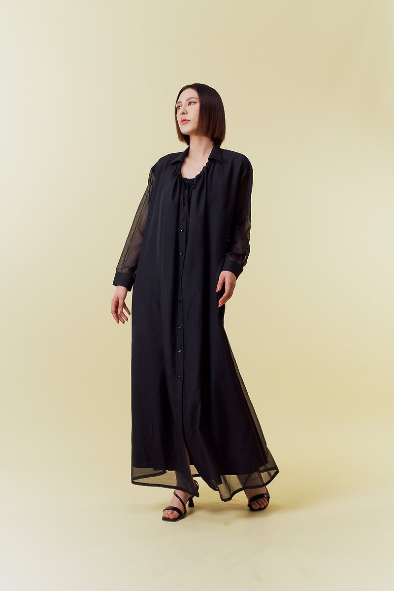 Black thin cotton collar ruffled long dress - One Piece Dresses - Polyester White