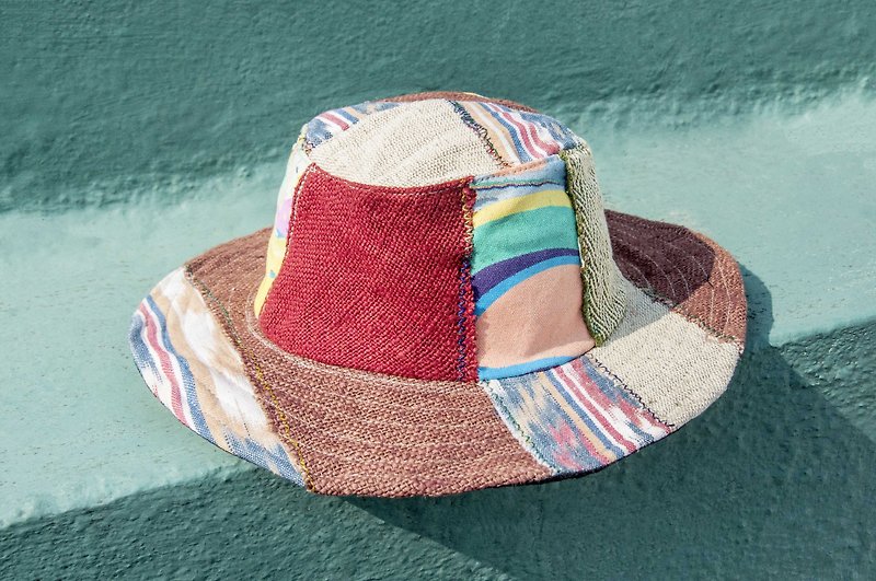 National wind stitching hand-woven cotton cap knit hat fisherman hat sun hat straw hat - Watercolor Forest - Hats & Caps - Cotton & Hemp Multicolor