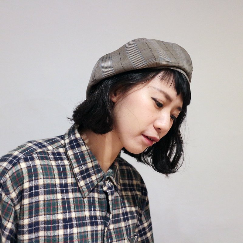 JOJA│ limited / light coffee blue grid Beilei / SM adjustable / berets / painters hat - หมวก - ผ้าฝ้าย/ผ้าลินิน สีกากี