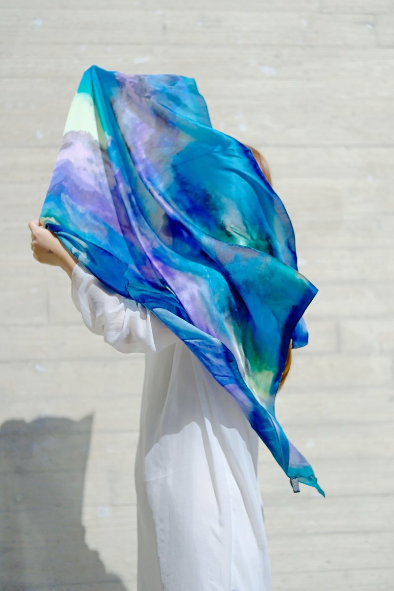 [Origin Series] Zhu Zhennan Colorful Ink Art Silk Scarf - Scarves - Silk Blue