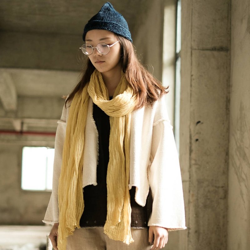 The meaning of travel | lemon yellow four-color natural wrinkle plant dyed blue dyed wrinkled hemp scarf can be used as a shawl scarf - Knit Scarves & Wraps - Cotton & Hemp Yellow