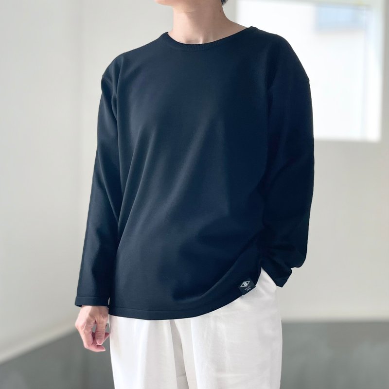 2025新作【ユニセックス】ロングスリーブ ニットTシャツ【ブラック】 - 女 T 恤 - 聚酯纖維 黑色
