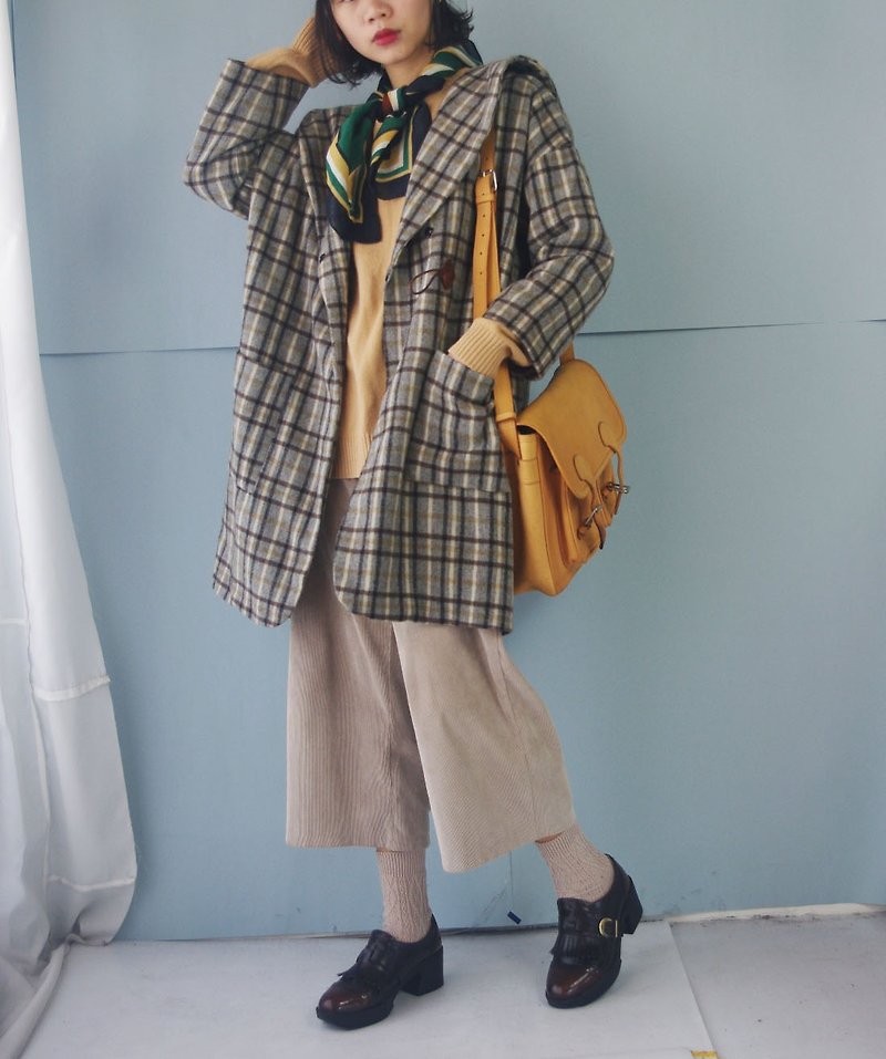 Design hand made - vintage coffee plaid sailor collar wool coat - Women's Casual & Functional Jackets - Polyester Brown