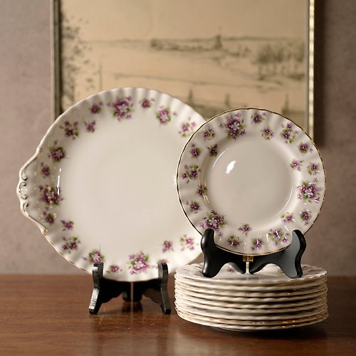 L&R 古董與珍奇老件 英國Royal Albert甜紫羅蘭22K金骨瓷蛋糕盤/點心盤
