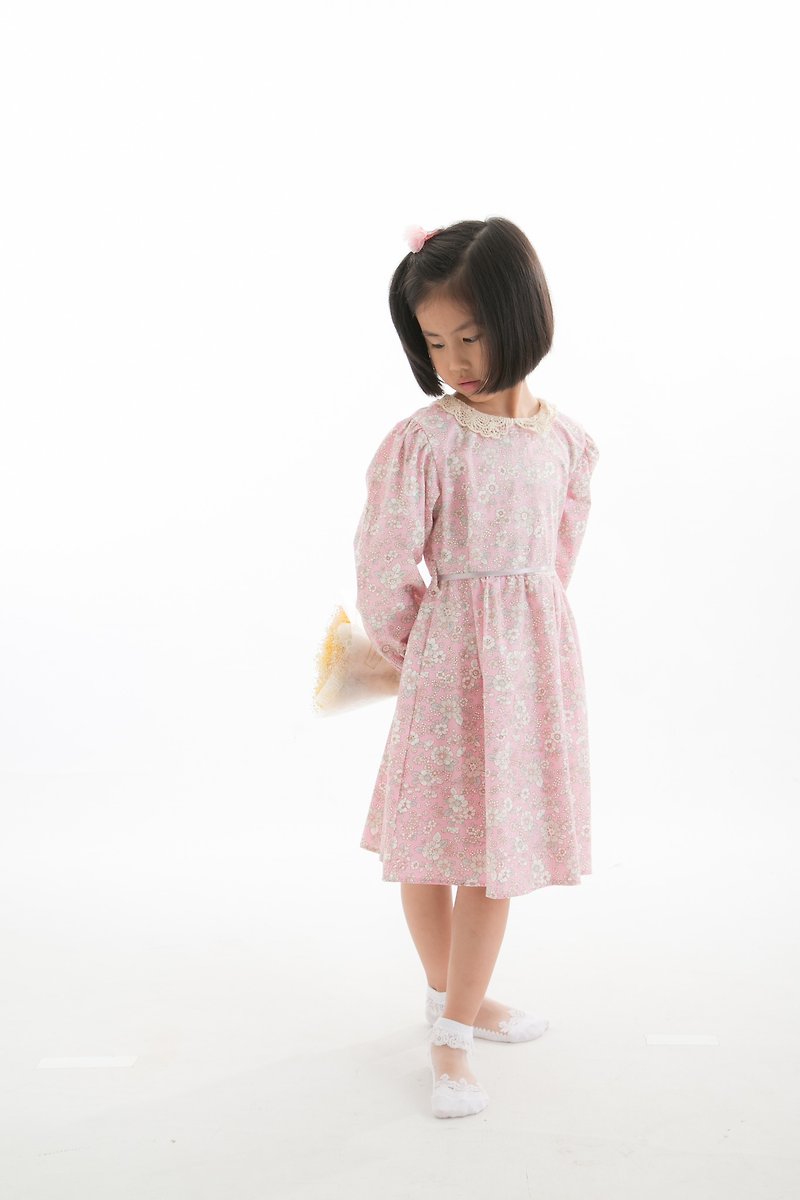 Cutie Bella簍空蕾絲領 長袖縮口 綁帶印花洋裝 粉底白花 - 男/女童禮服 - 棉．麻 粉紅色