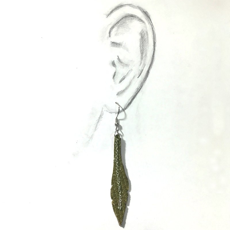 Olive Medusa ~ + ~ leather pendant earrings Feather Dangle Stainless Steel - ต่างหู - หนังแท้ สีเขียว