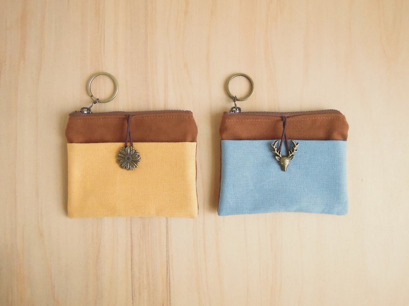 交換禮物 – 錢包 - 焦糖色 + 藍色 (小鹿) - 長短皮夾/錢包 - 棉．麻 藍色