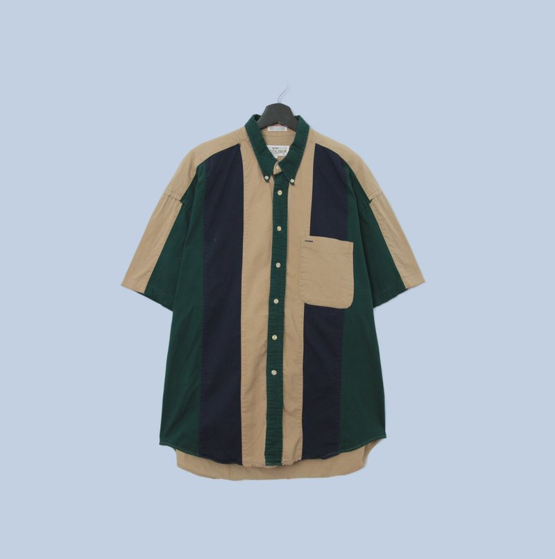 Back to Green-撞色短袖襯衫 卡其色連綠拼接 vintage shirt - 男襯衫/休閒襯衫 - 棉．麻 