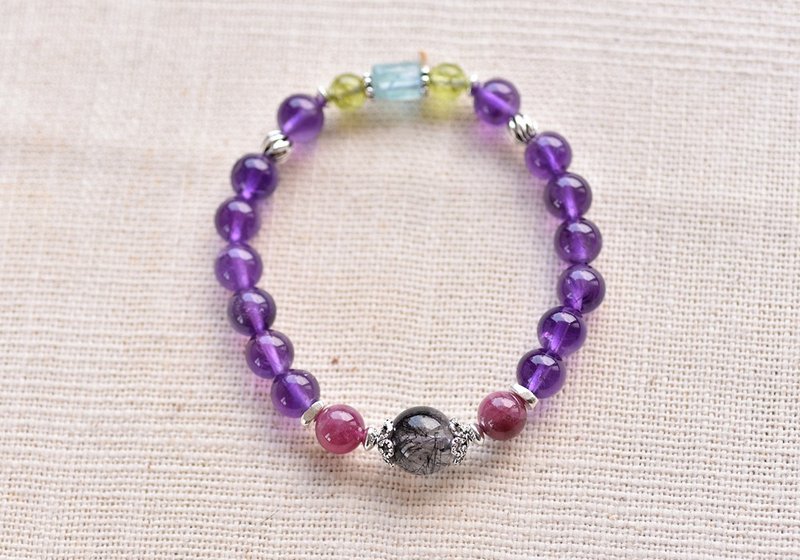 Transparent Amethyst + Black Hair Crystal + Stone+ Peach Tourmaline + Stone Sterling Silver Crystal Bracelet - สร้อยข้อมือ - คริสตัล สีม่วง