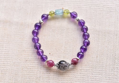 CaWaiiDaisy Handmade Jewelry 透體紫水晶+黑髮晶+橄欖石+桃紅碧璽+磷灰石純銀水晶手鍊