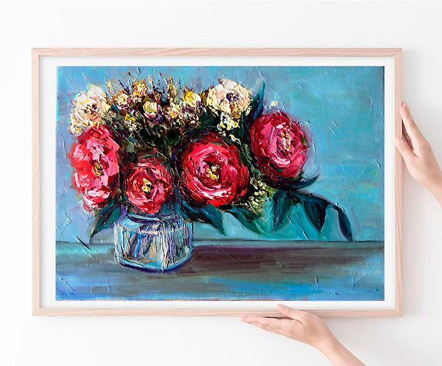 バラの花の絵画オイル抽象花のオリジナルアートインパストアートワーク 