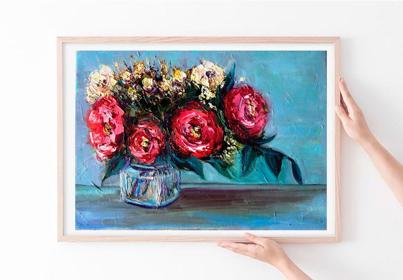 Roses Flowers Painting Oil Abstract Floral Original Art  Impasto Artwork - โปสเตอร์ - สี หลากหลายสี