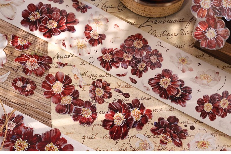 Crimson light retro red and white flowers and paper tape PET notebook collage - Washi Tape - Paper Multicolor