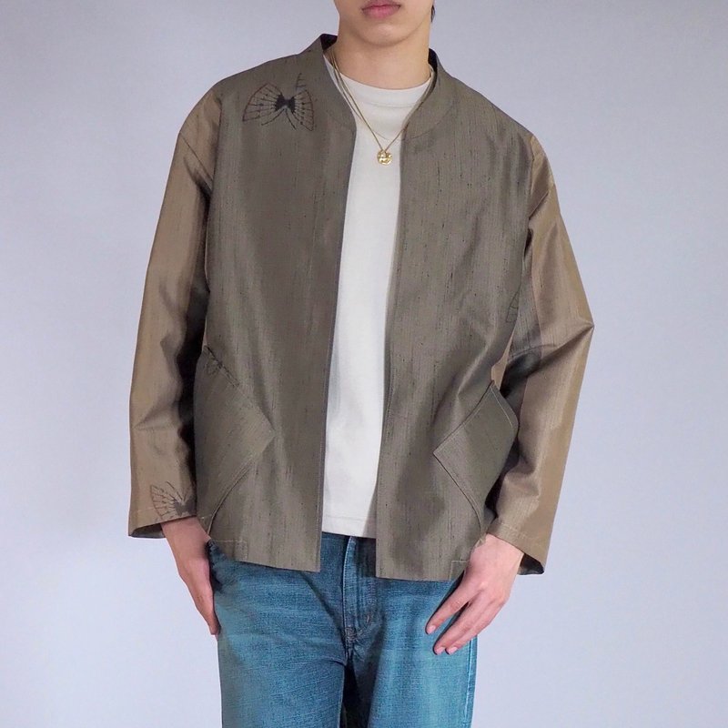 【日本製造】復古和服翻拍、長袖襯衫男、淺夾克 - 帽T/大學T - 絲．絹 卡其色
