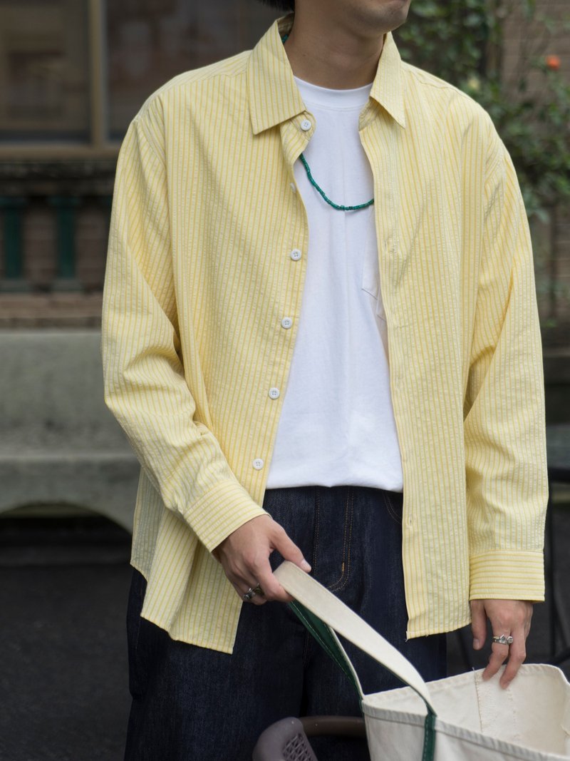Shirt 日系質感泡泡麵料 多巴胺條紋潮流寬鬆復古休閒襯衫Cityboy - 男襯衫/休閒襯衫 - 棉．麻 黃色