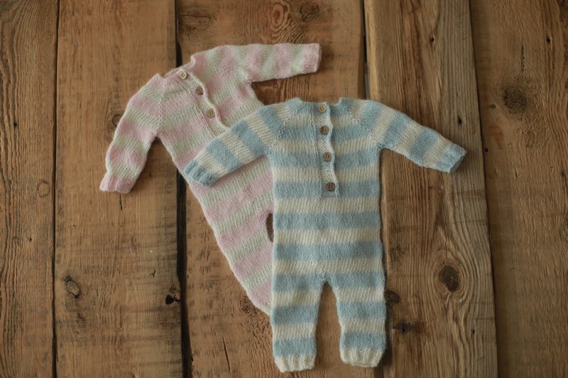 Newborn striped jumpsuit, baby onesie, newborn photo props, newborn pajamas - 嬰兒手鍊/飾品 - 羊毛 粉紅色