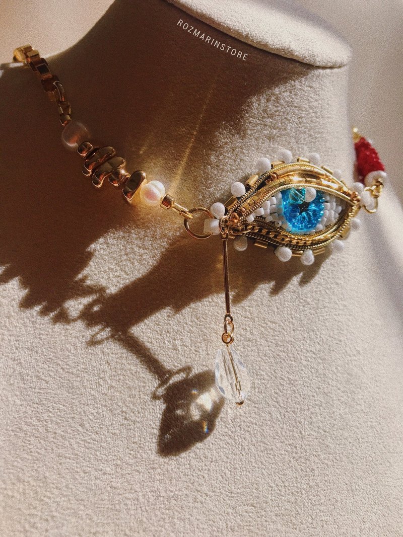 Beaded Necklace, Crystal Necklace, Eye Necklace, Women Jewelry, Beaded Choker - 項鍊 - 玻璃 金色