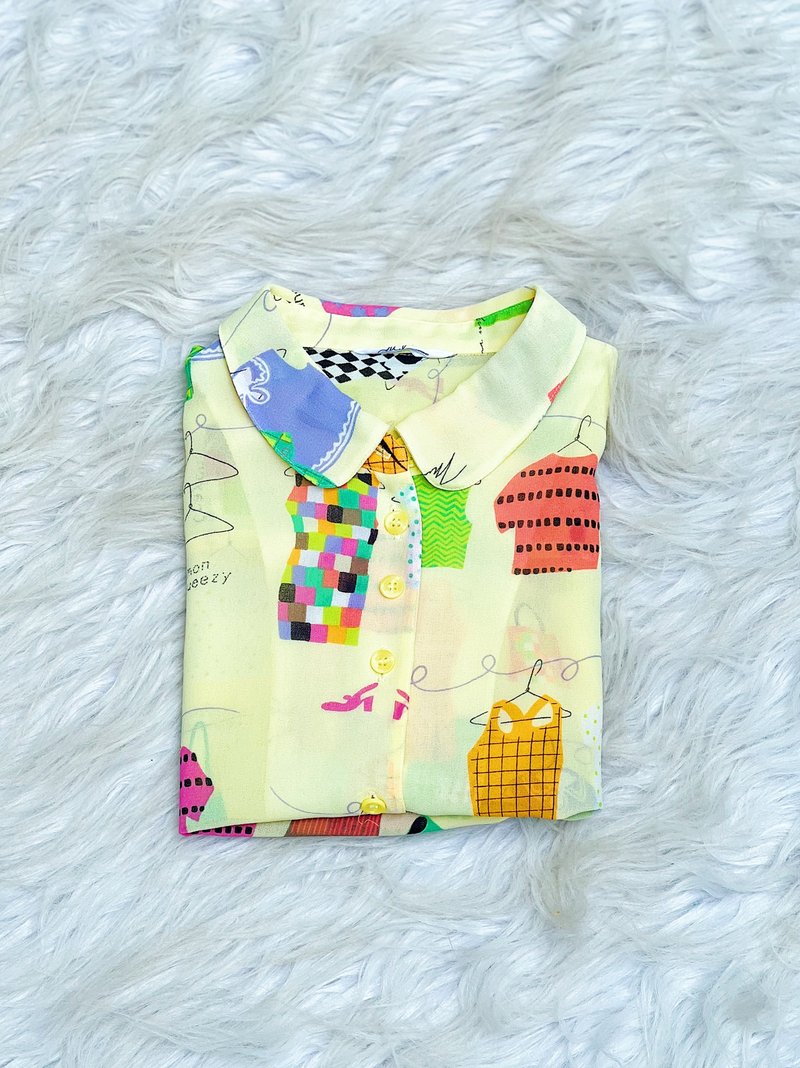 亮黃童趣高飽和圖騰 雪紡紗透膚薄料襯衫上衣罩衫shirt vintage - 女襯衫 - 聚酯纖維 多色