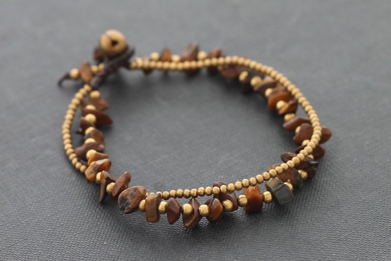 Tiger Eye Beaded Stone Woven Bracelets, Brass Braided Bracelets - สร้อยข้อมือ - หิน สีทอง