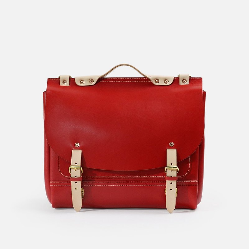 Craftsman line Cambridge backpack handmade custom vegetable tanned cowhide single shoulder messenger bag red portable briefcase women's bag - กระเป๋าเป้สะพายหลัง - หนังแท้ สีแดง