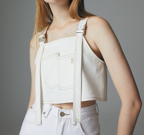 salisa OVERALL Crop Top White with logo buckle & adjustable strap
