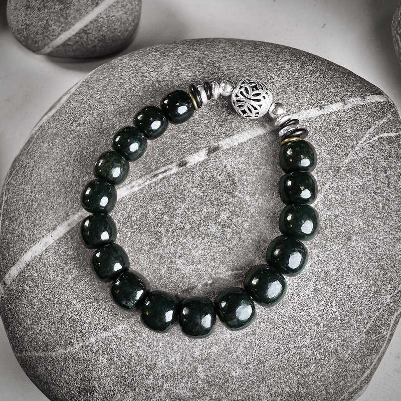 10mm+ Sha Zao Qing Hetian Jade Coconut Shell Bronze and Silver Bracelet - Bracelets - Semi-Precious Stones 