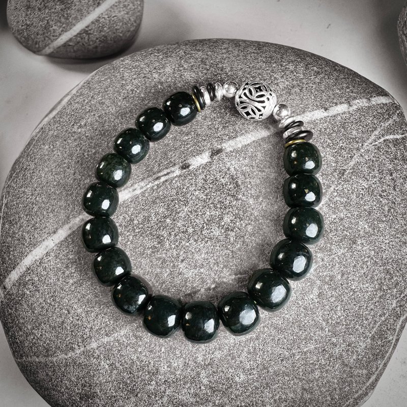 10mm+ Sha Zao Qing Hetian Jade Coconut Shell Bronze and Silver Bracelet - สร้อยข้อมือ - เครื่องประดับพลอย 