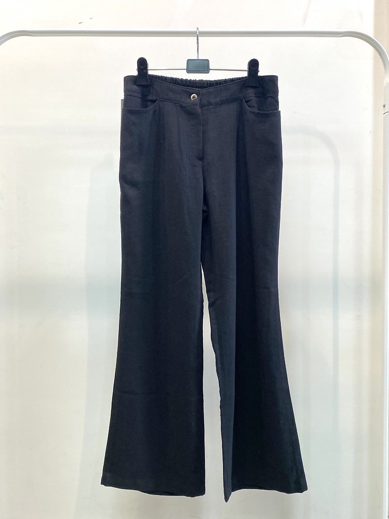 Linen Feel Flat High Waist Small Flared Pants Black - กางเกงขายาว - ผ้าฝ้าย/ผ้าลินิน 
