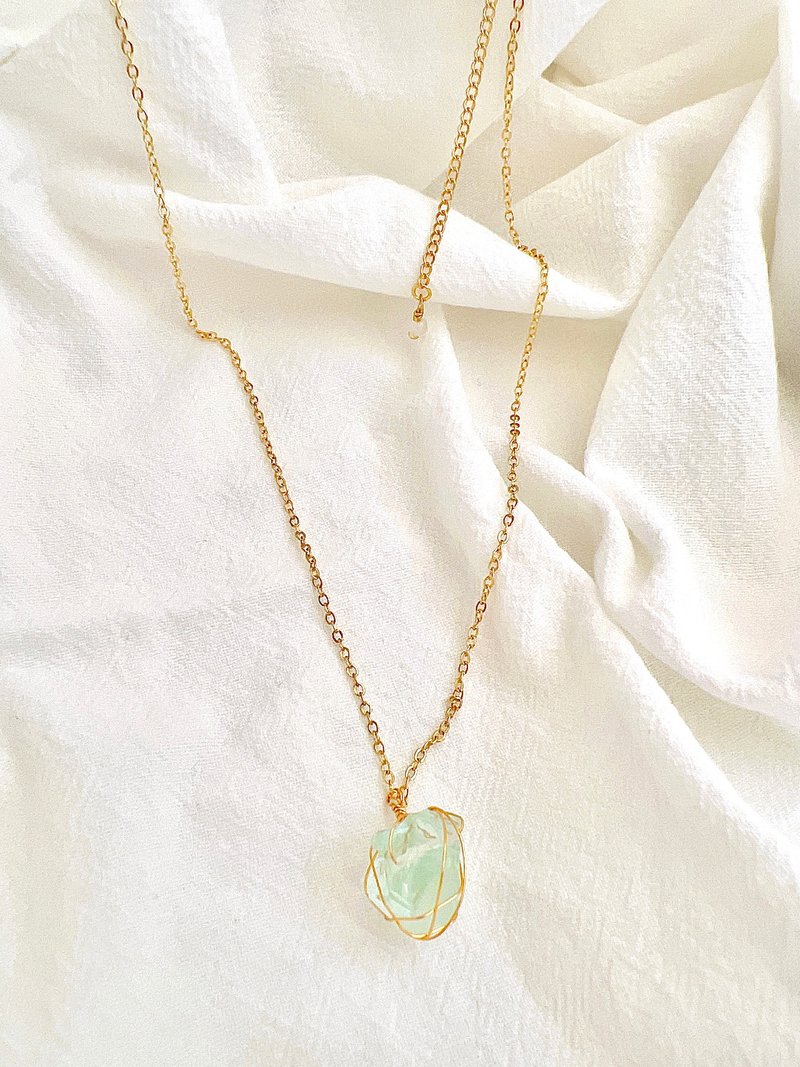 Raw green crystal handmade gold wire wrapped necklace - Necklaces - Crystal Green